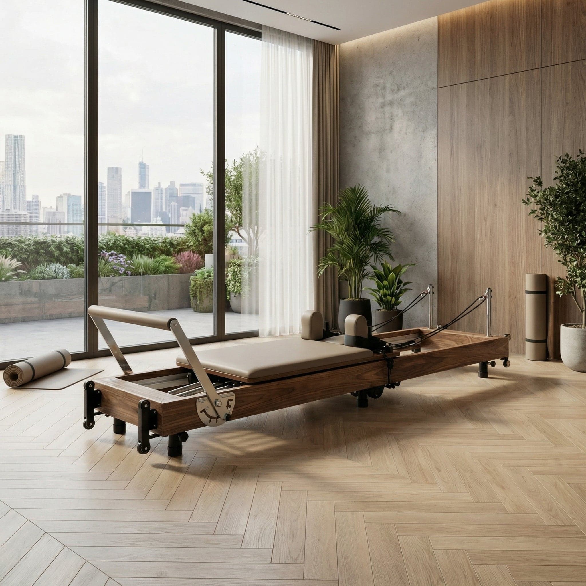 PersonalHour Janet La Force Plus foldable walnut Pilates reformer, brand product photograph.