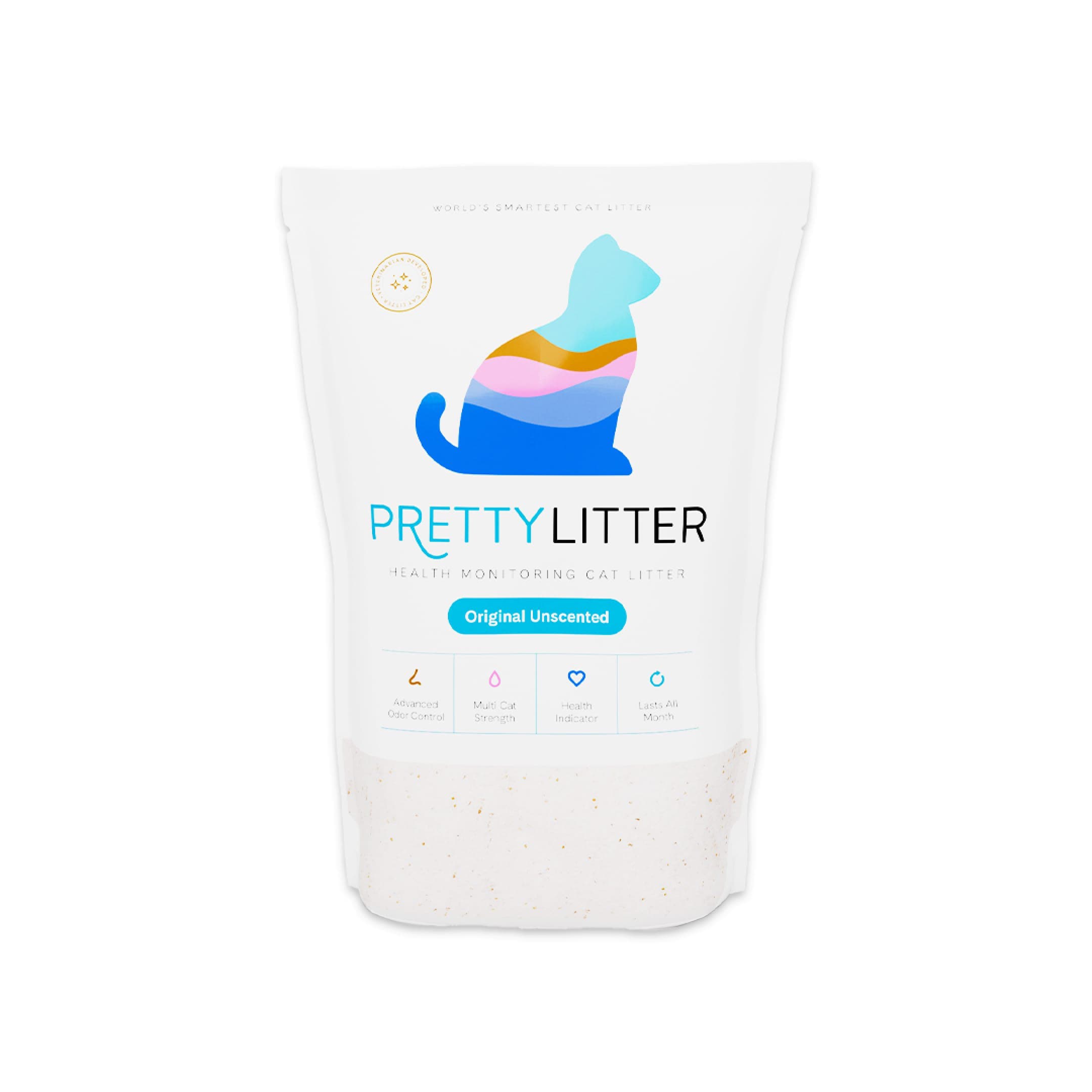 White 6 lb pouch of PrettyLitter Original Unscented silica cat litter, front view, with white crystals showing through a clear window at the bottom of the bag
