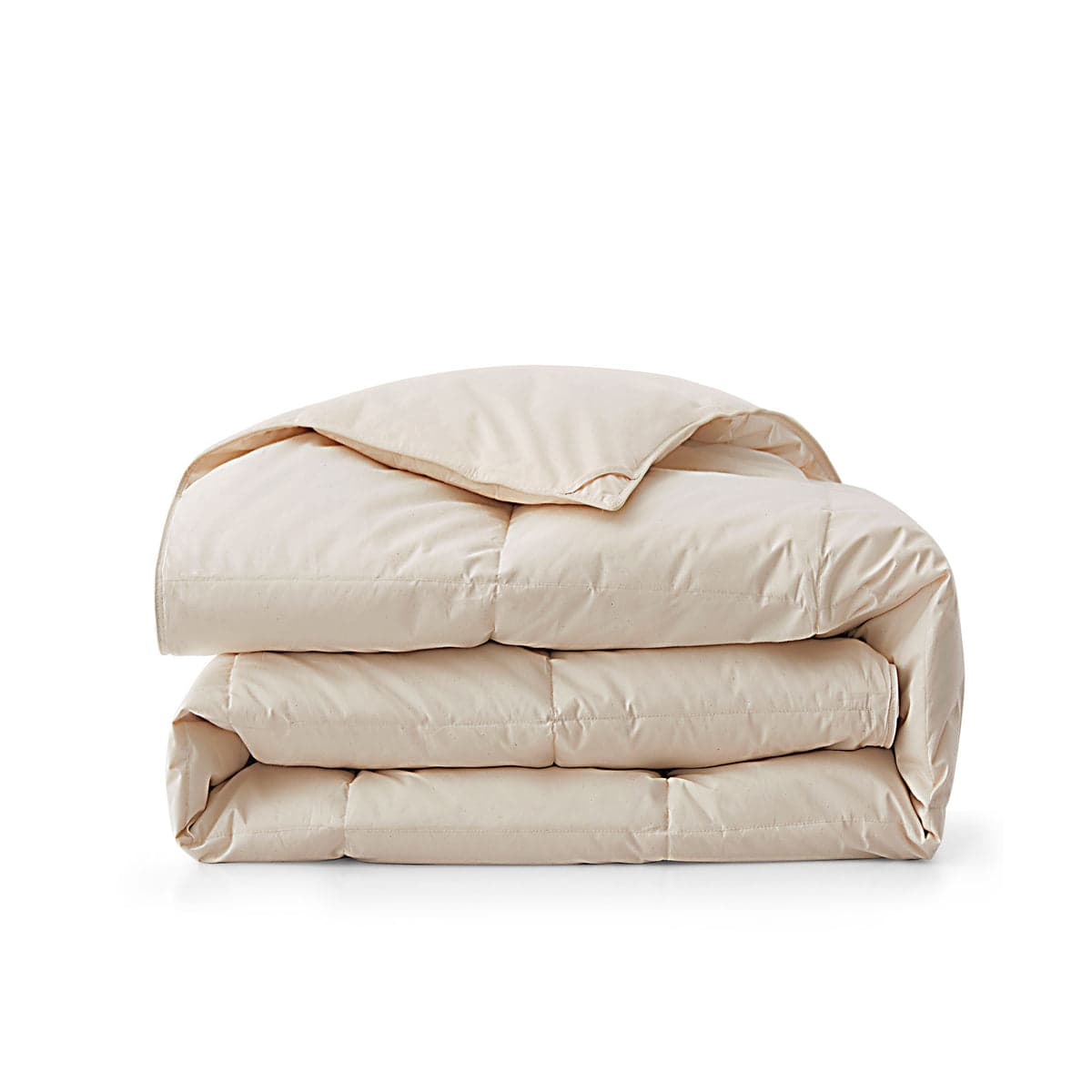 Puredown All Season Organic Cotton Down and Feather Comforter in Off White, folded in thirds with one corner turned back on a white background, stitched panels and a piped edge visible