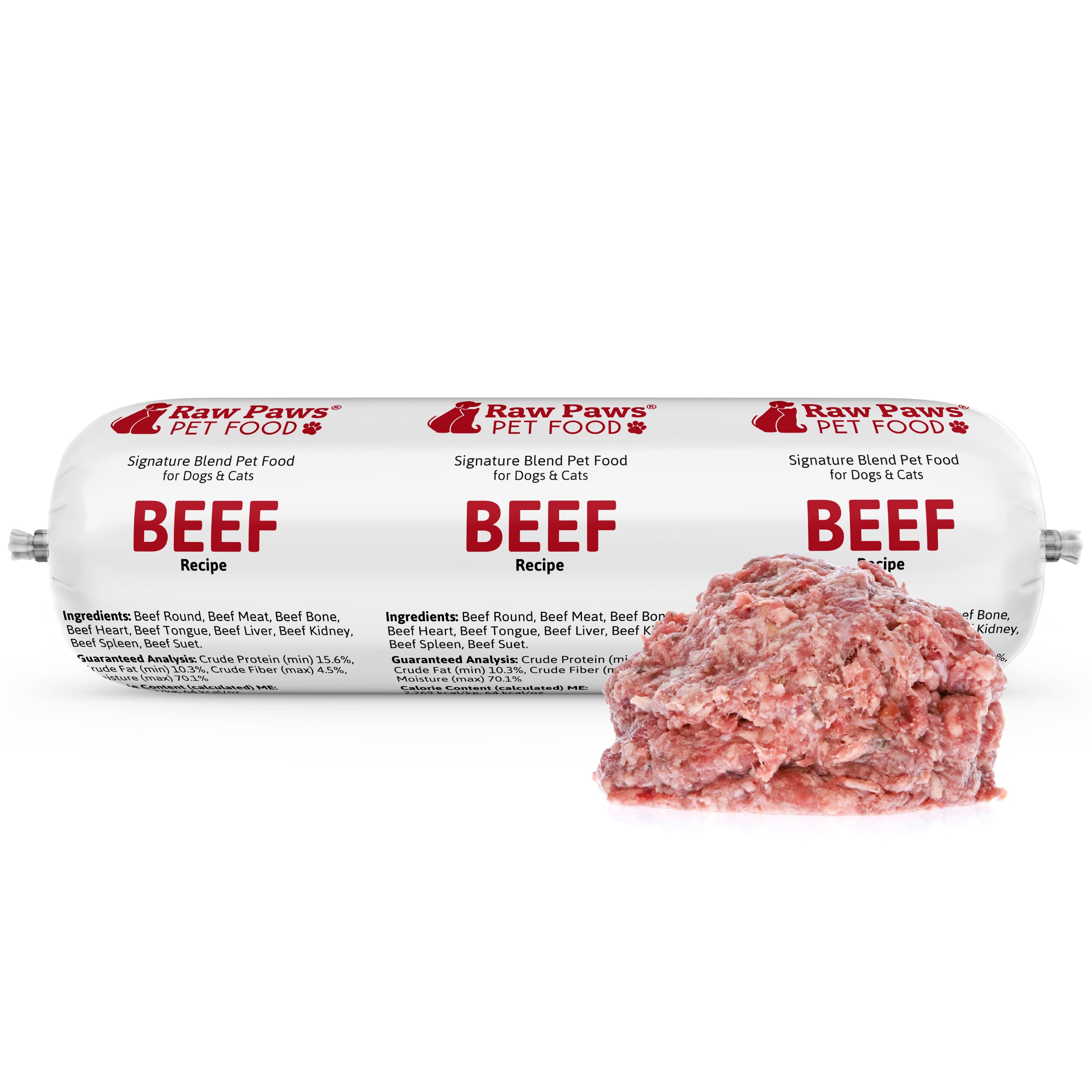 Raw Paws Signature Blend Beef Recipe frozen raw pet food roll beside a portion of the ground blend