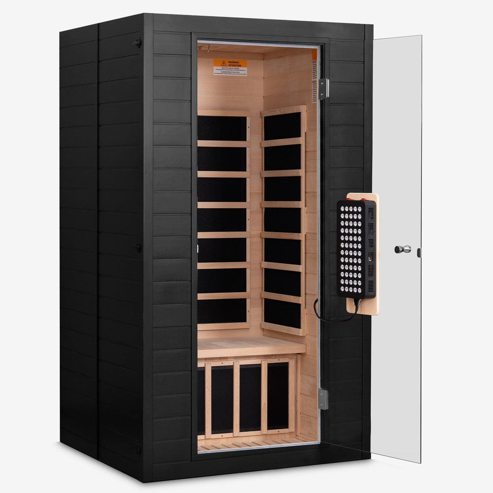 Real Relax Neptune 1-2 person sauna with a black exterior, hemlock interior, open glass door and a door-mounted LED panel