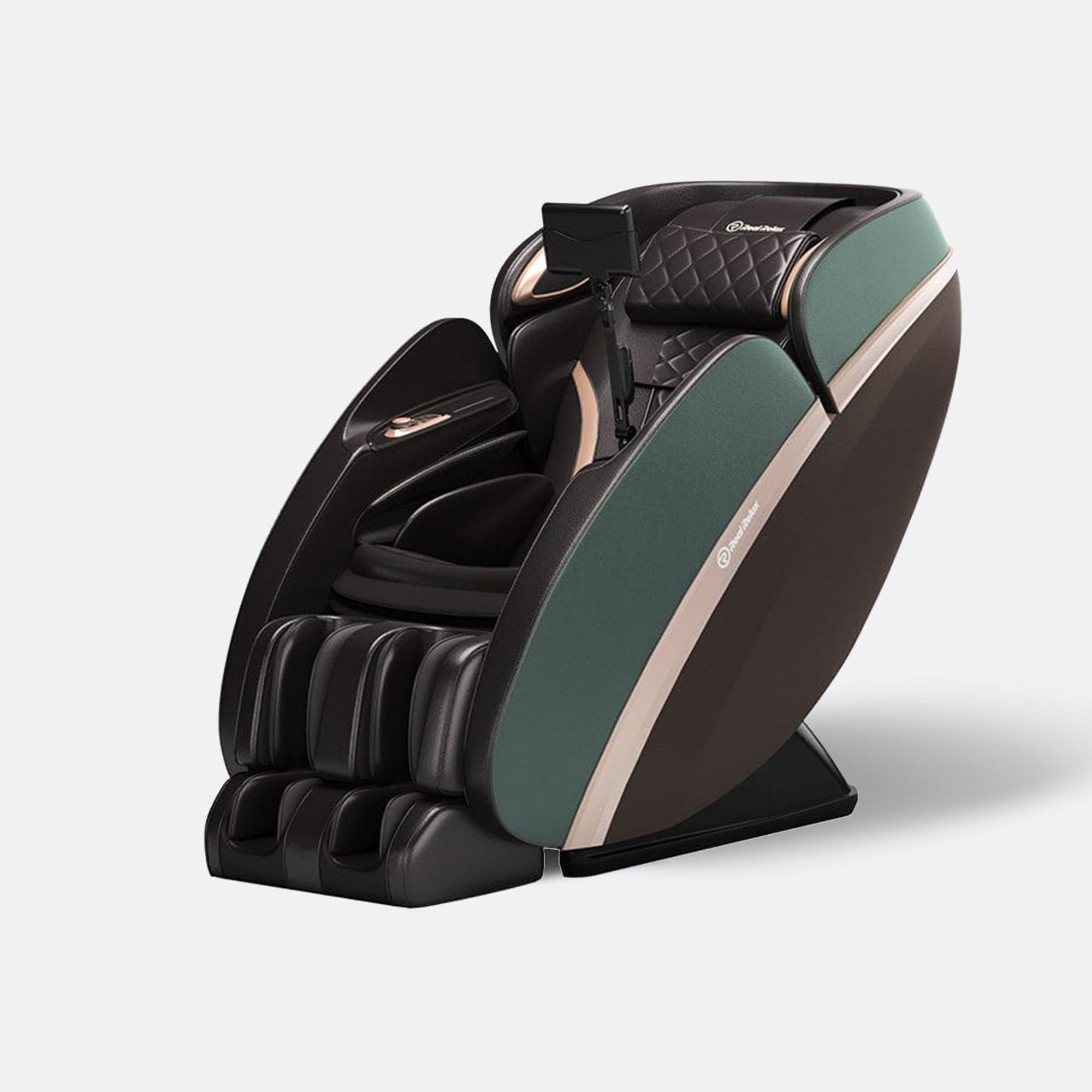 Real Relax PS6500 4D zero gravity massage chair in brown, reclined profile view