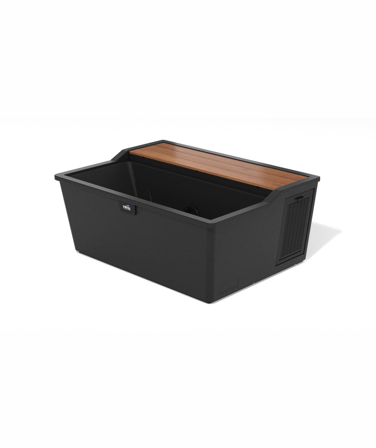 Renu Therapy Aurelius laydown cold plunge tank in Meterous Black with a brown composite breath deck along one side