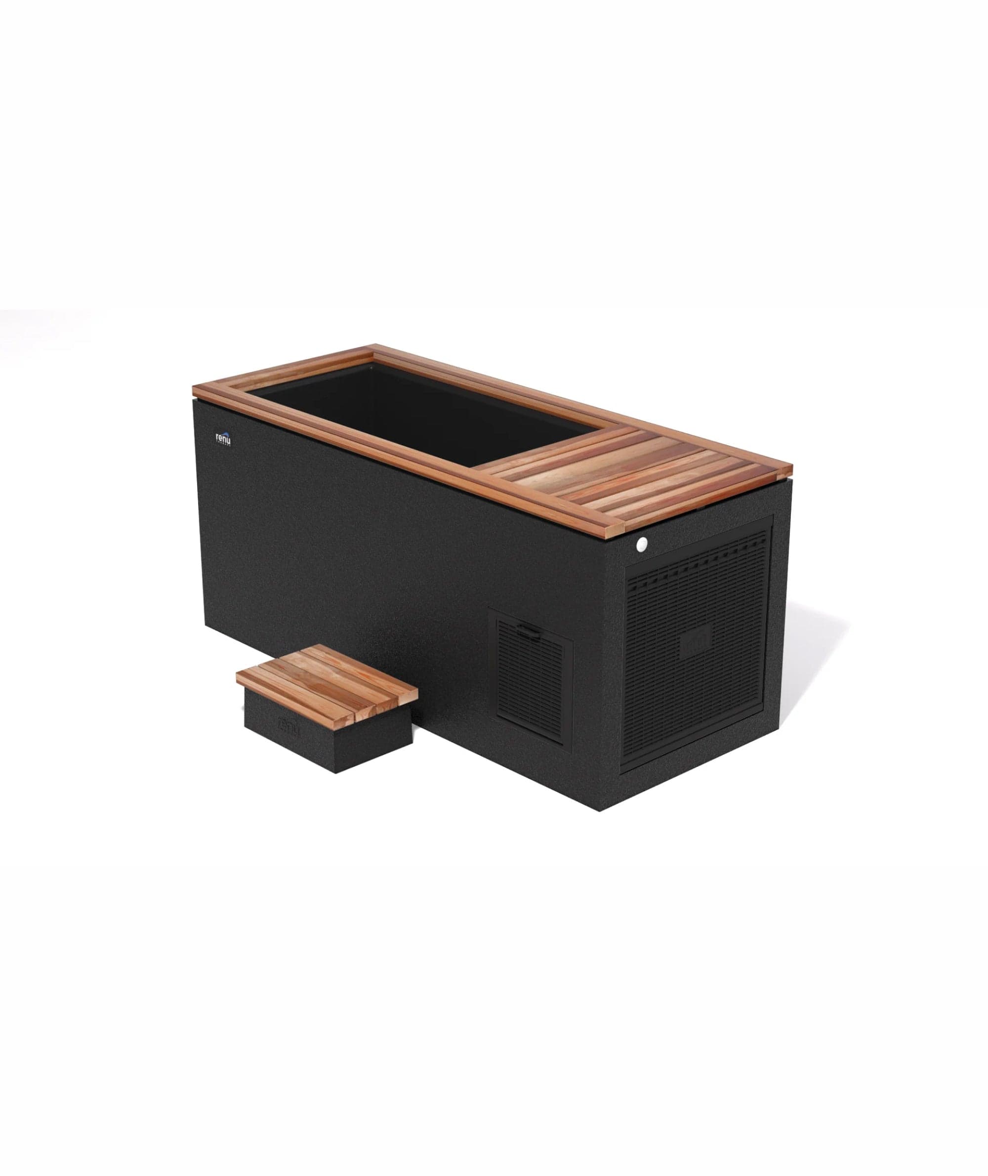 Renu Therapy Siberian Pro cold plunge tub in Black with a California Redwood breath deck and a matching step stool in front