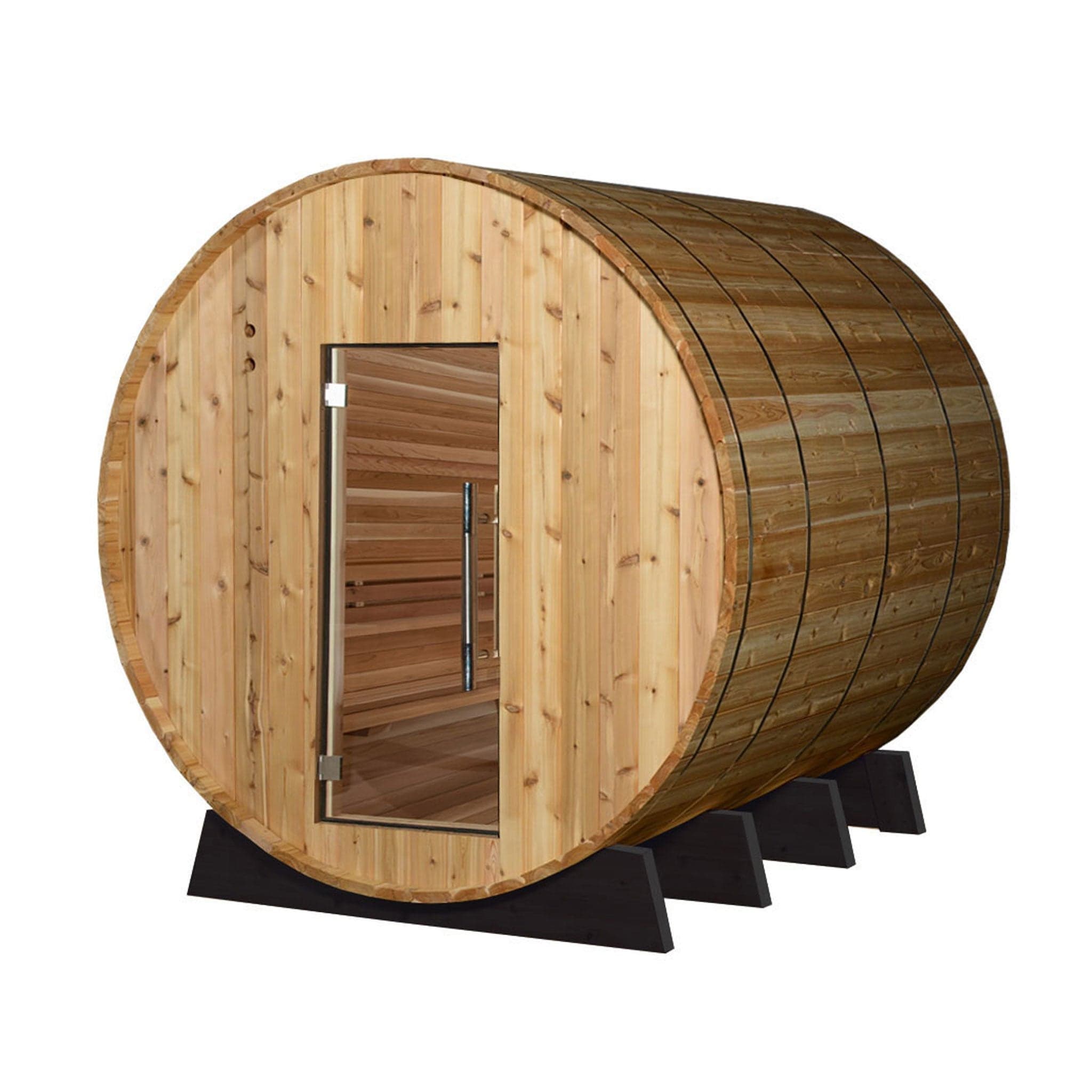 Renu Therapy Zeno 8-Person barrel sauna in Rustic Red Cedar with an all-glass door, 5 steel bands and 4 black cradles, seen from a three-quarter angle