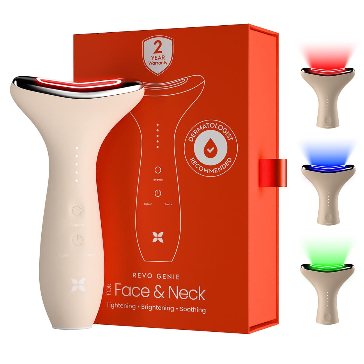 REVO Face Genie in beige, a handheld device with a red-lit contoured head and two buttons carrying Brighten, Tighten and Soothe labels, beside its orange-red retail box with the brand's printed badges and small red, blue and green lit inset renders