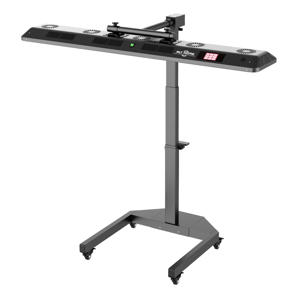 RLT Home Total Spectrum ULTRA red light panel mounted horizontally on its black electric rolling stand, with cooling fans along the housing and a lit control display