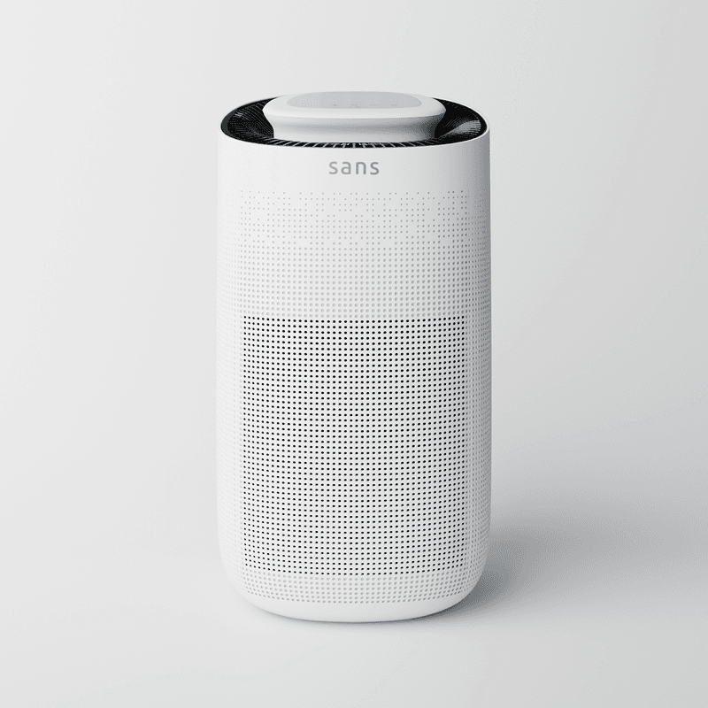 Sans Air Purifier in white, front view, standing upright on a plain light grey background, with a perforated white body, a black intake ring and white control panel on top, and the sans logo on the body