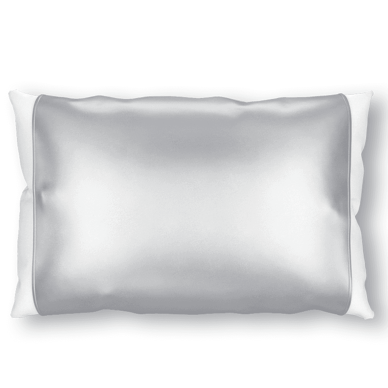 Silked silk pillow sleeve in gray over a white pillow, seen from above, open at both ends with the pillow showing at each side