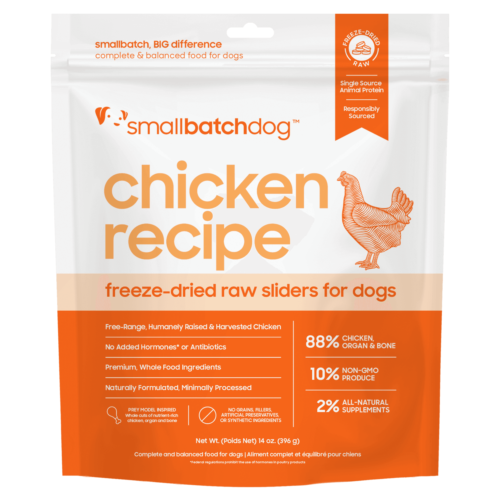 Smallbatch freeze-dried raw chicken sliders for dogs, a 14 oz stand-up bag with a white top, an orange lower panel and a line drawing of a hen