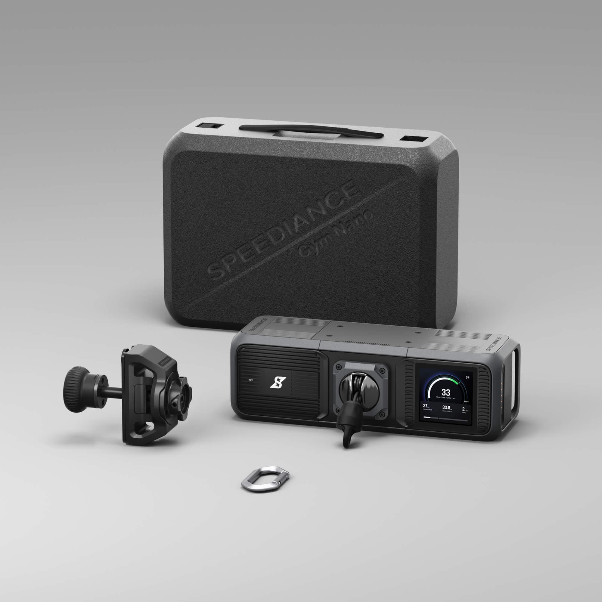 Speediance Gym Nano dark grey cable trainer with a small colour screen and a cable clip, beside its black hard travel case, a knob quick release rack mount and a metal adapter clip
