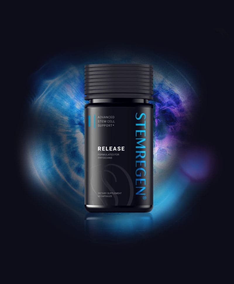 Black Stemregen Release supplement bottle with a ribbed black cap and a vertical blue Stemregen wordmark, labelled 60 capsules, on a dark blue backdrop