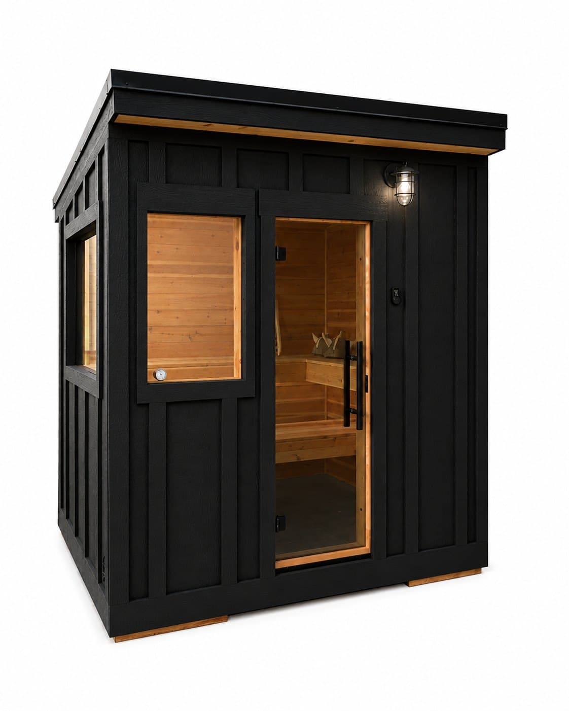Sweat Kingdom The Outpost sauna cabin in black board and batten siding with a full height glass door, a square front window and a narrow side window, on a white background