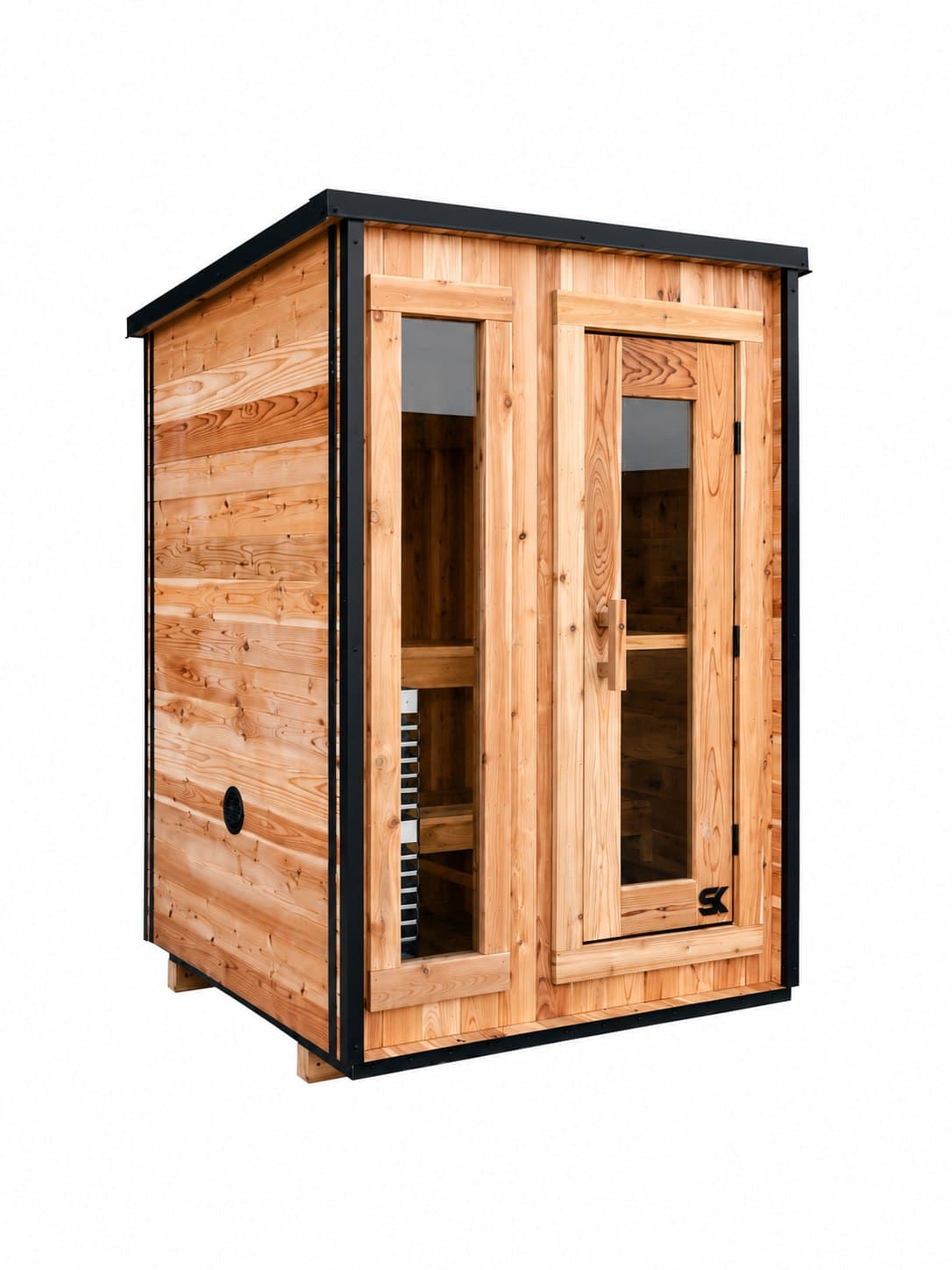 Sweat Kingdom The Ridge two person red cedar outdoor sauna with black steel roof and trim, tall window and glass door