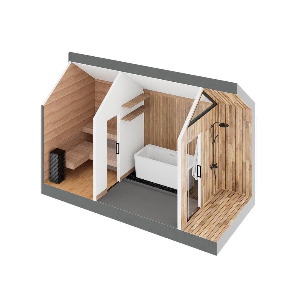 Cutaway render of the Sweaty Yeti Sauna Plunge layout: the sauna with its heater and benches, the plunge room with a white tub, and the shower zone with a triangle window