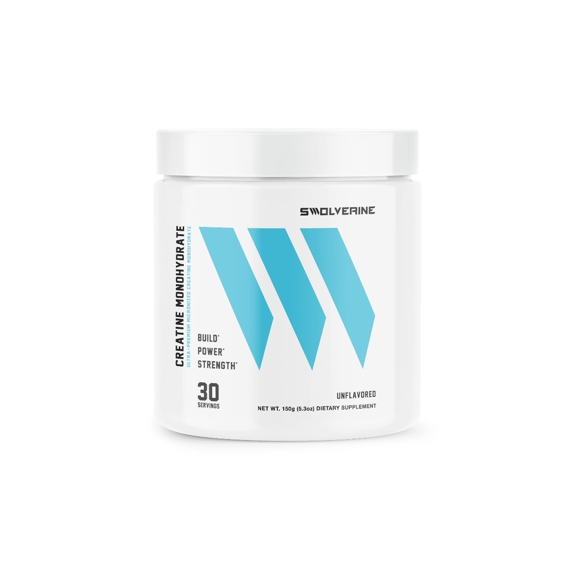 Swolverine Creatine Monohydrate 30 serving jar, white with a white lid and three blue slanted stripes on the label, on a white background