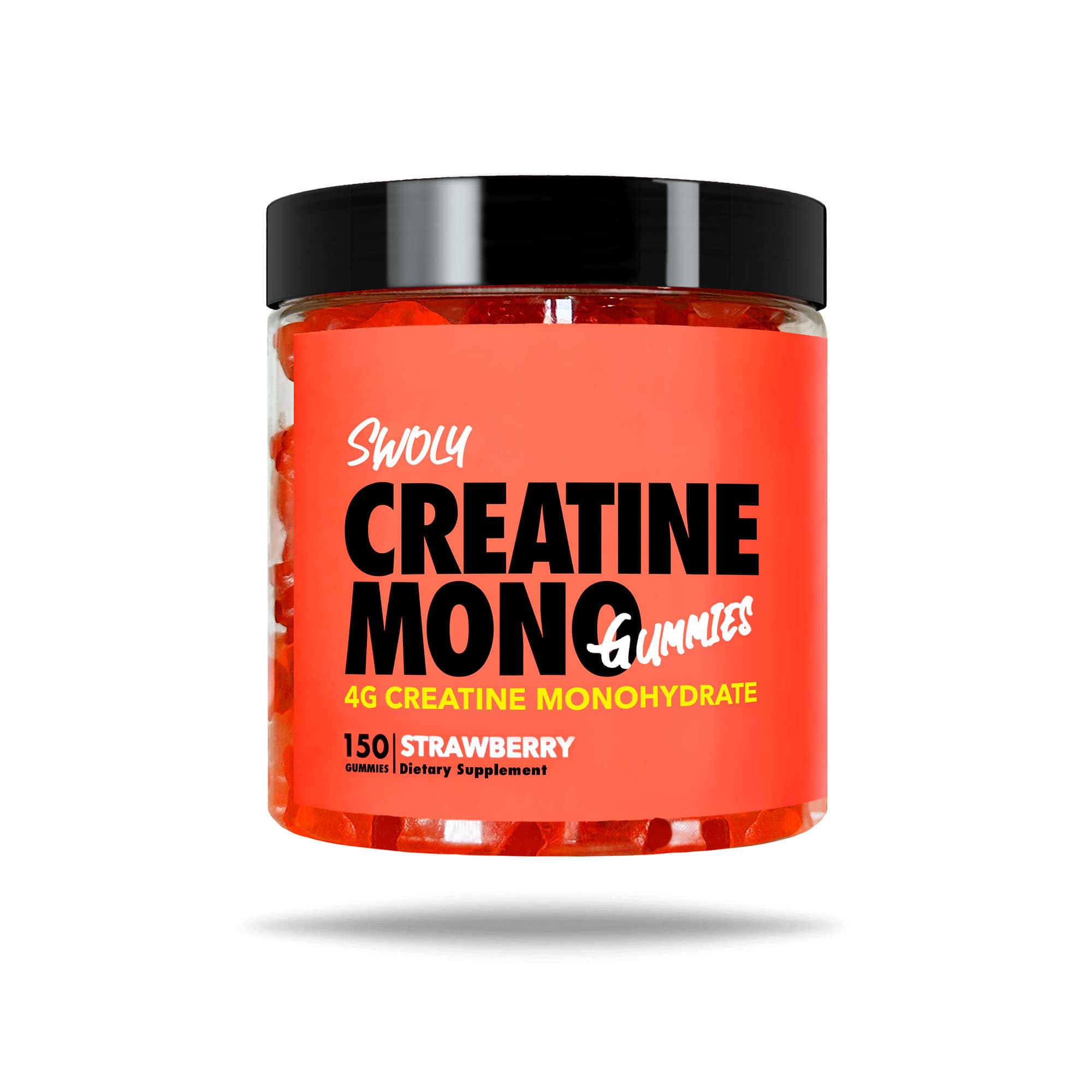 SWOLY Creatine Gummies jar, strawberry flavour, labelled 4g creatine monohydrate per serving with 150 gummies