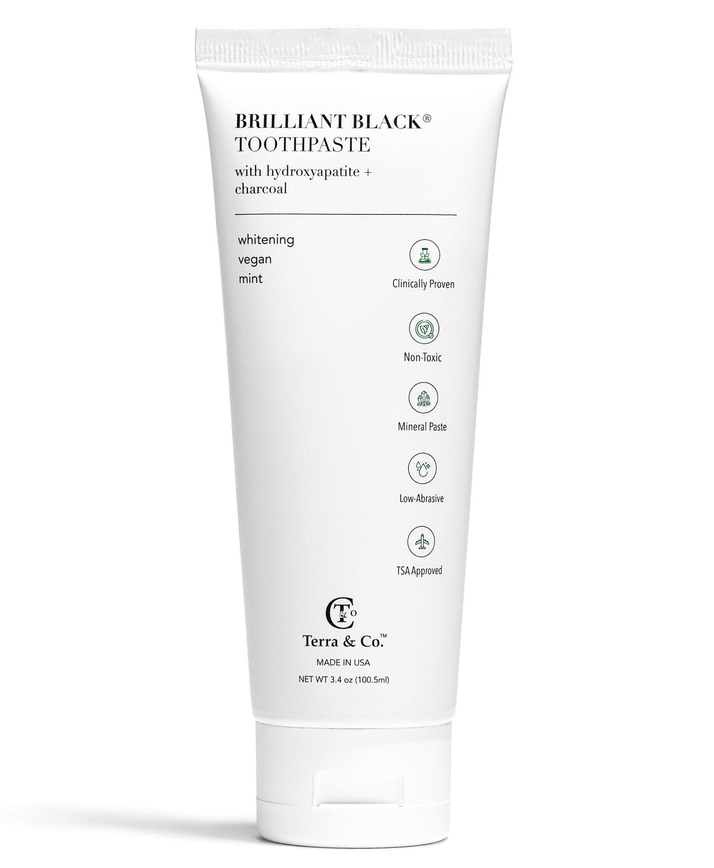 White Terra & Co. Brilliant Black toothpaste tube labeled with hydroxyapatite plus charcoal, whitening, vegan, mint, net wt 3.4 oz