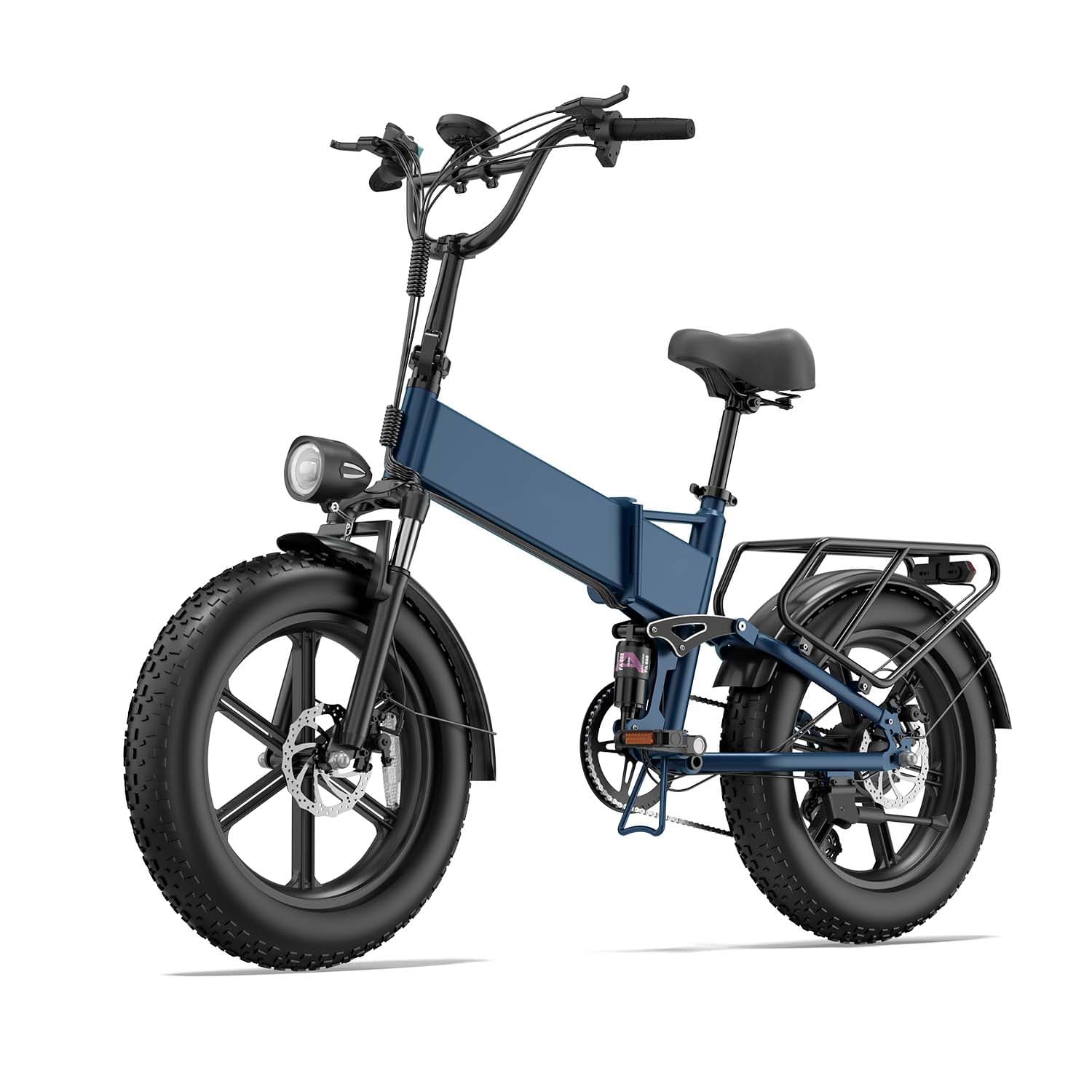 Tietie T5 folding electric bike in blue on a white background, with 20 inch fat tires, a front suspension fork, a rear shock, fenders and a rear rack