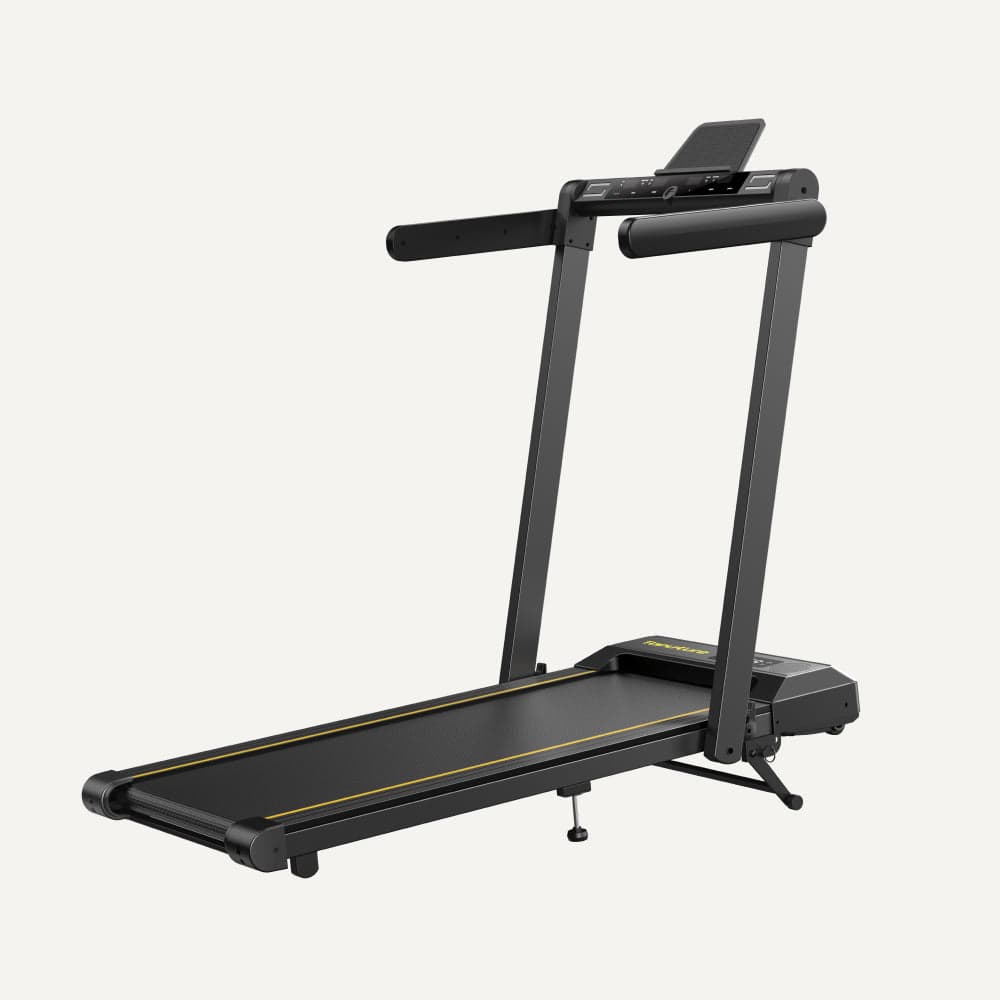 Toputure TP5 folding treadmill, unfolded, with raised handrails, a console bar with a tablet holder and a black belt with yellow edge stripes, on a grey background