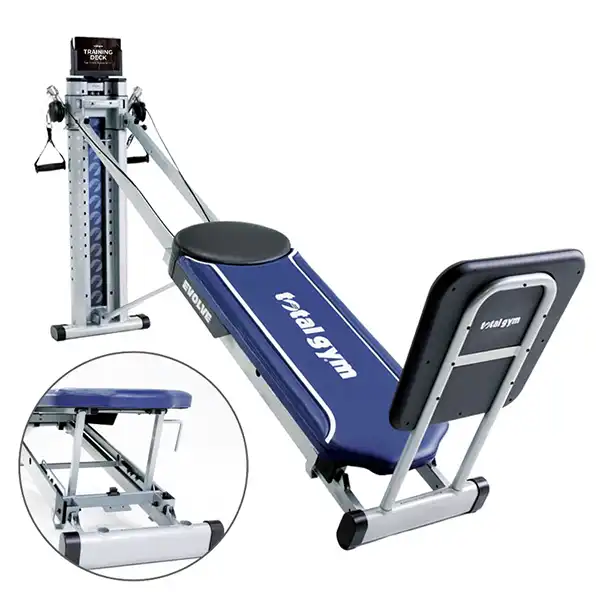 Total Gym EVOLVE incline trainer with an adjustable glideboard on steel rails and an attached squat stand