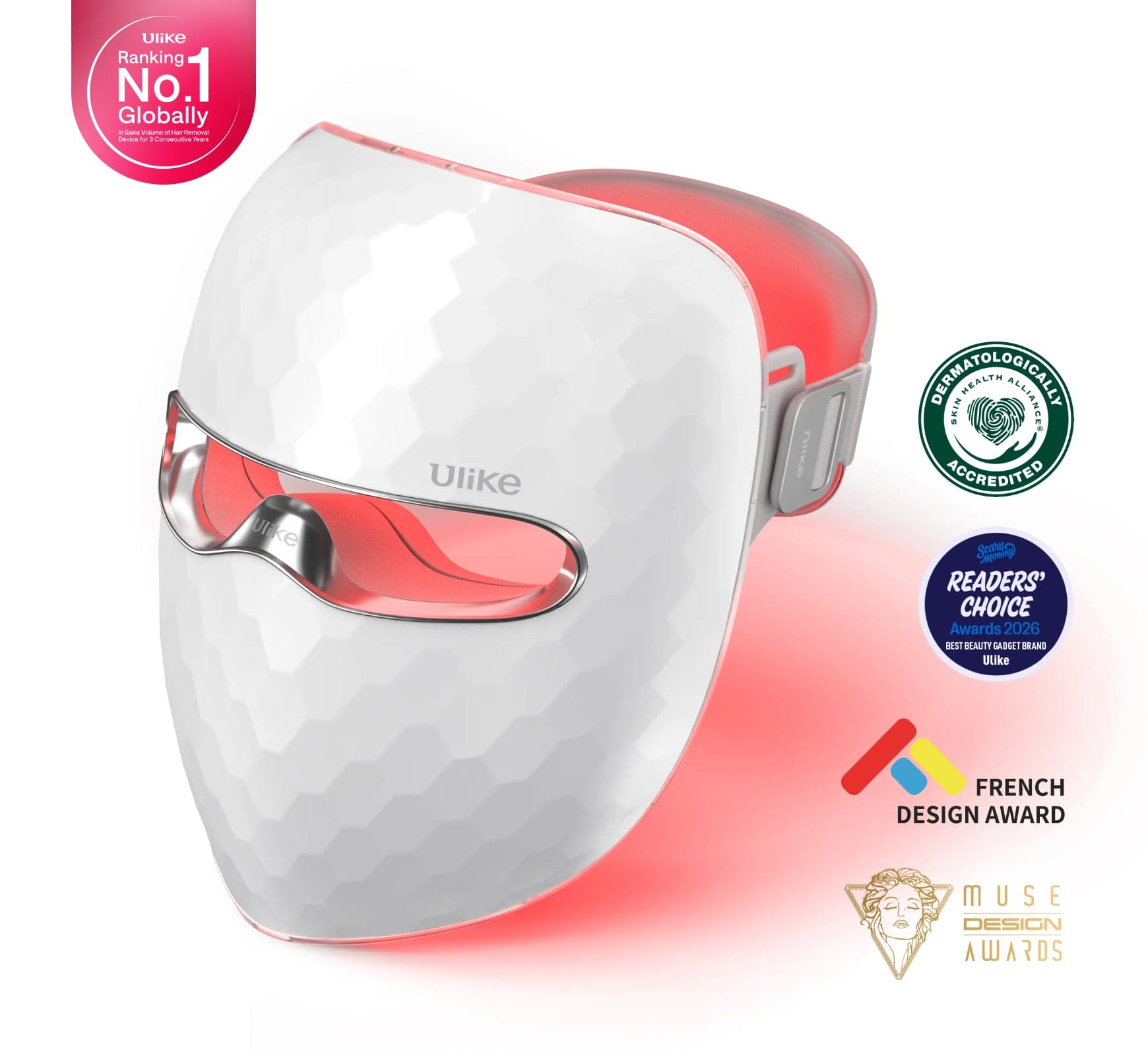 Ulike ReGlow white faceted rigid-shell LED light therapy mask with red light glowing through the chrome-trimmed eye visor and the adjustable head strap, with Ulike's award and accreditation badges overlaid