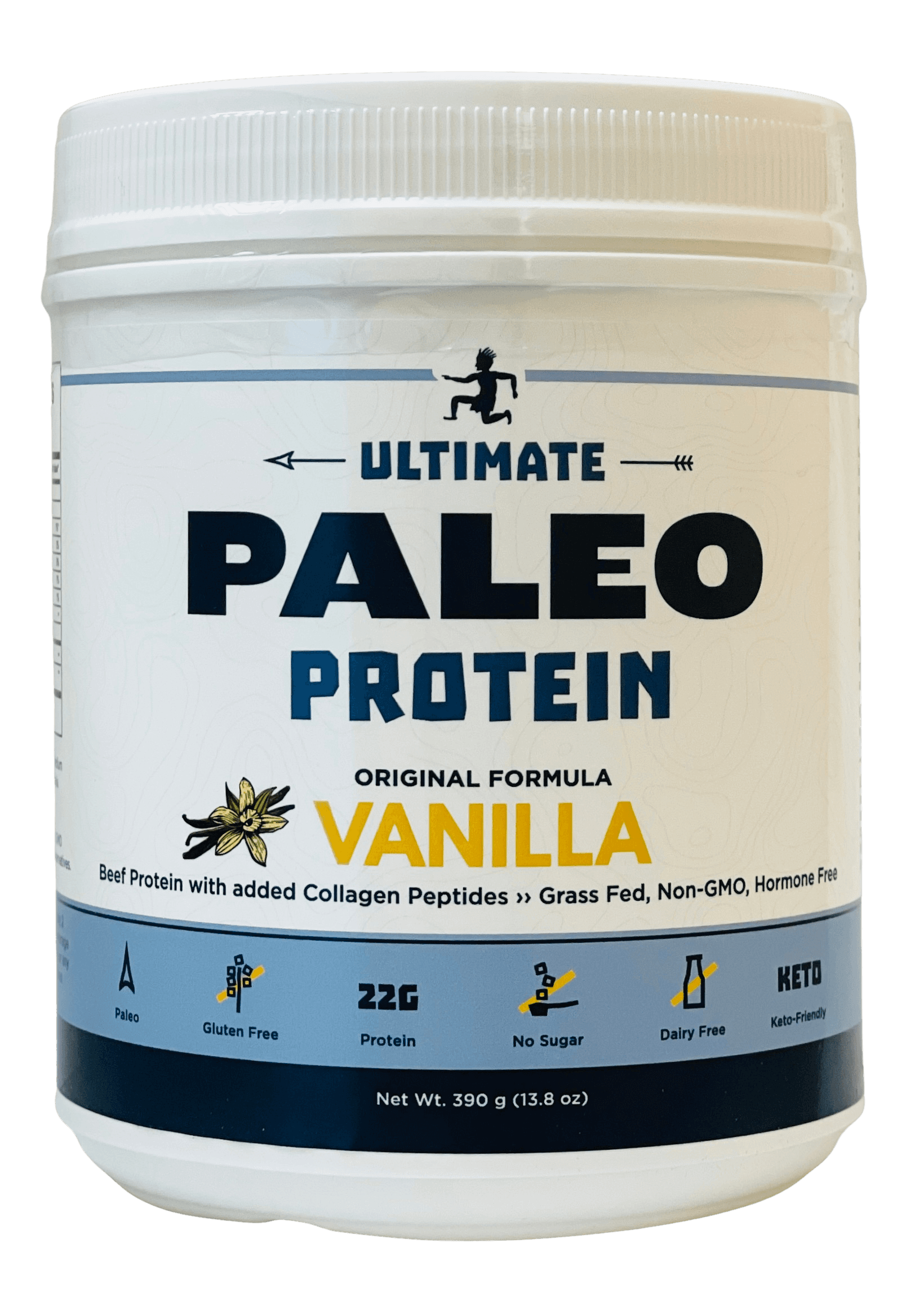Ultimate Paleo Protein Original Formula Vanilla 15 serving tub, a white tub with a white lid, label facing front