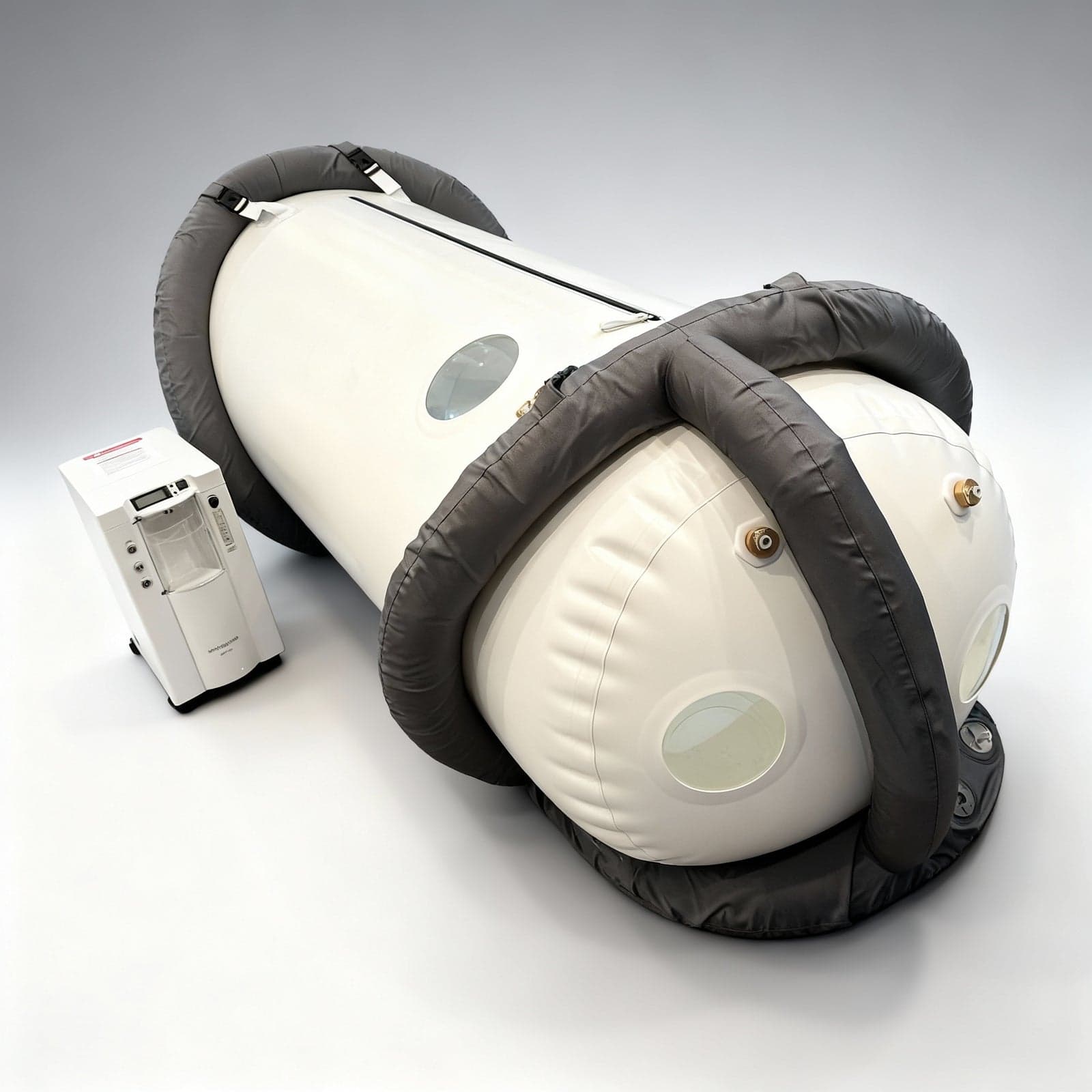 Warrior Willpower white soft-shell lying hyperbaric chamber with grey straps beside its oxygen concentrator