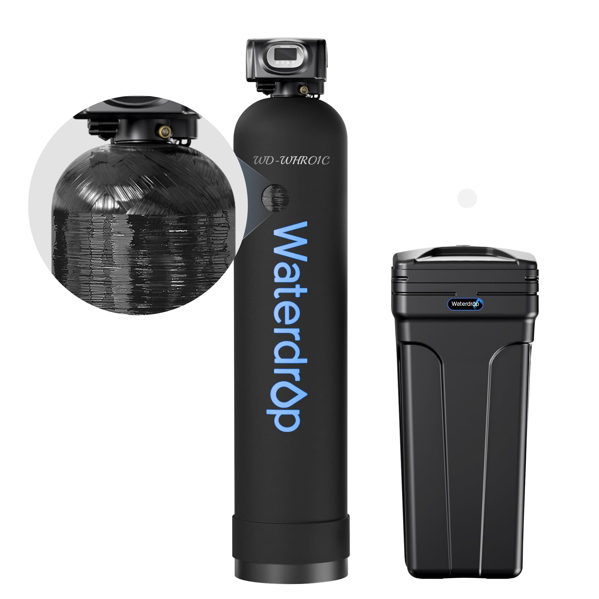 Waterdrop WHR01C water softener: a tall black resin tank with a digital control valve on top beside a black brine tank with a lid