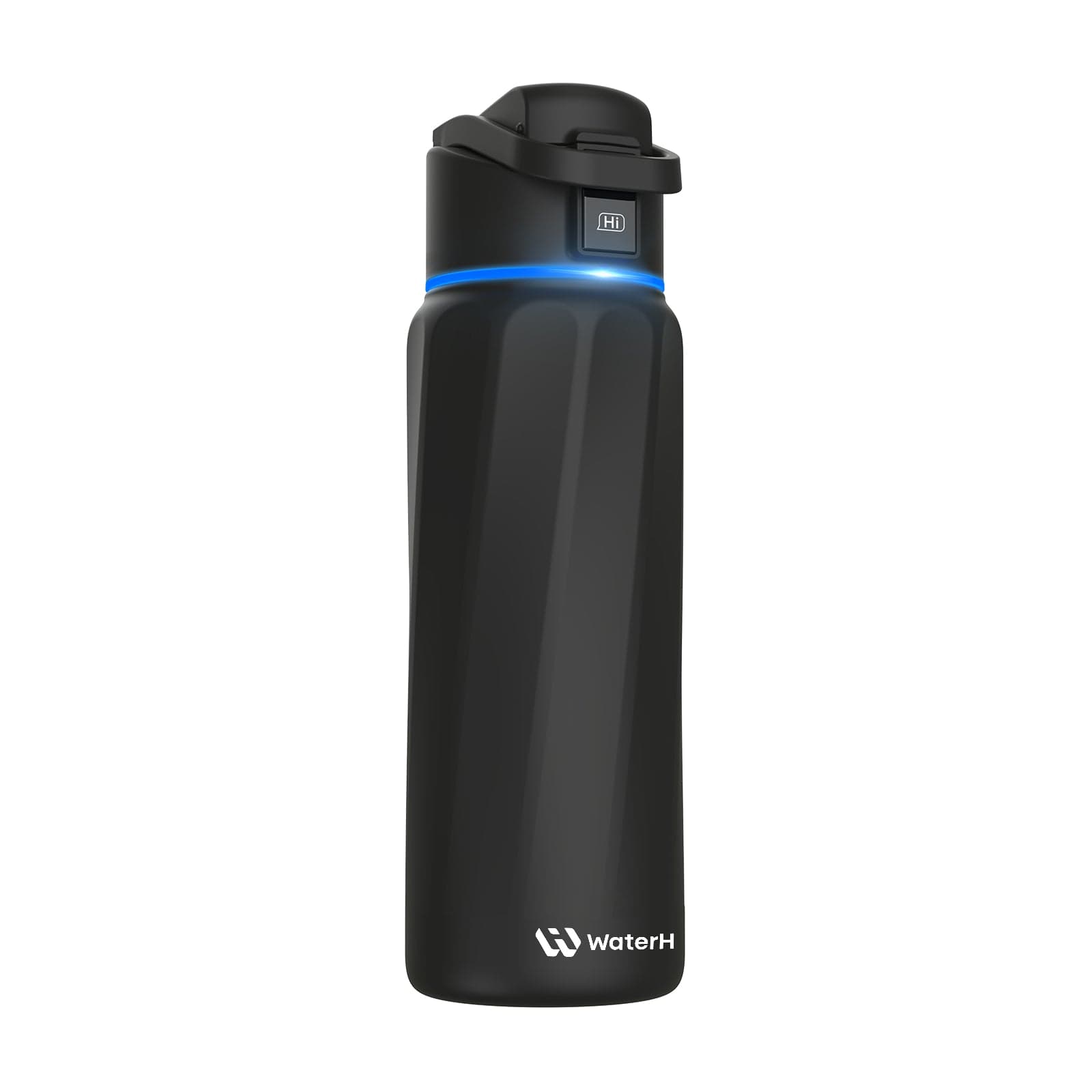 WaterH Boost 32 oz smart water bottle in black, standing upright with the flip cover closed, a small lid display and a lit blue light ring below the lid