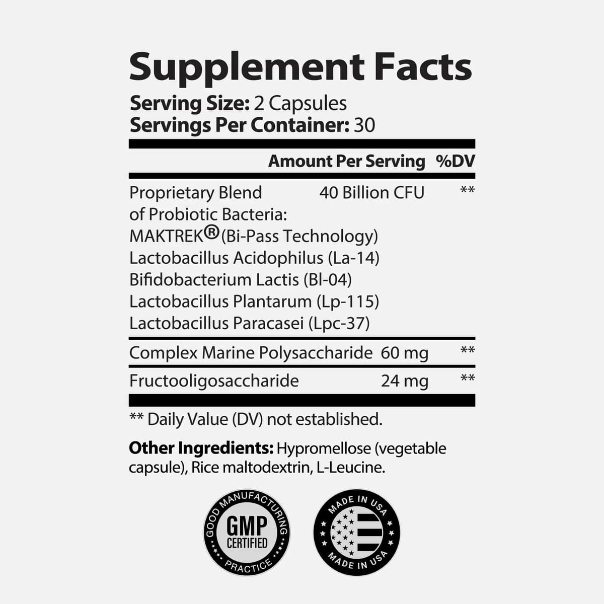 WOWMD Good Gut Great Life Supplement Facts panel: 2-capsule serving, 30 servings, a 40 billion CFU proprietary probiotic blend of four named strains, 60mg complex marine polysaccharide and 24mg fructooligosaccharide