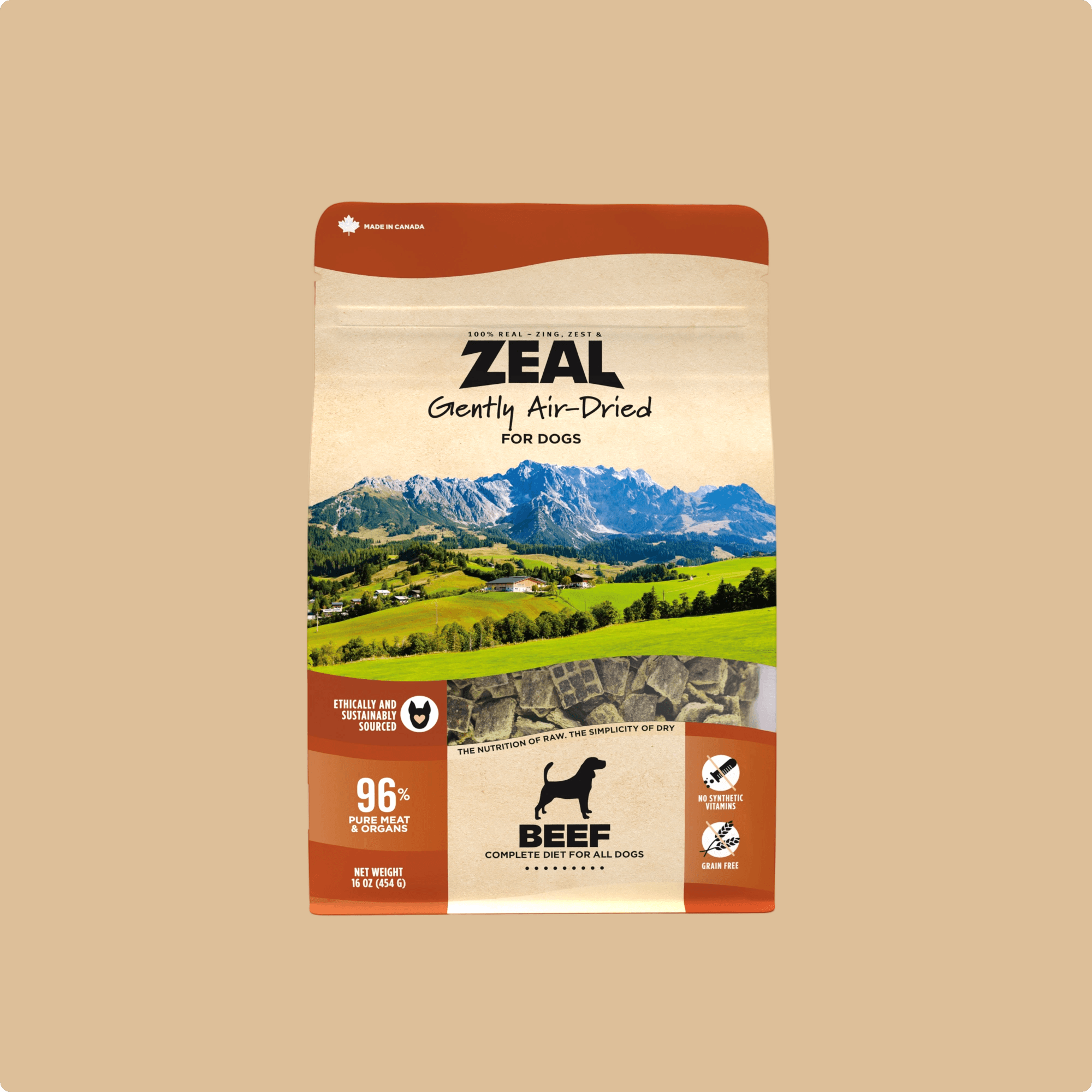 ZEAL Gently Air-Dried Beef dog food, a 1 lb orange and kraft pouch with a mountain scene and a window showing the brown pieces