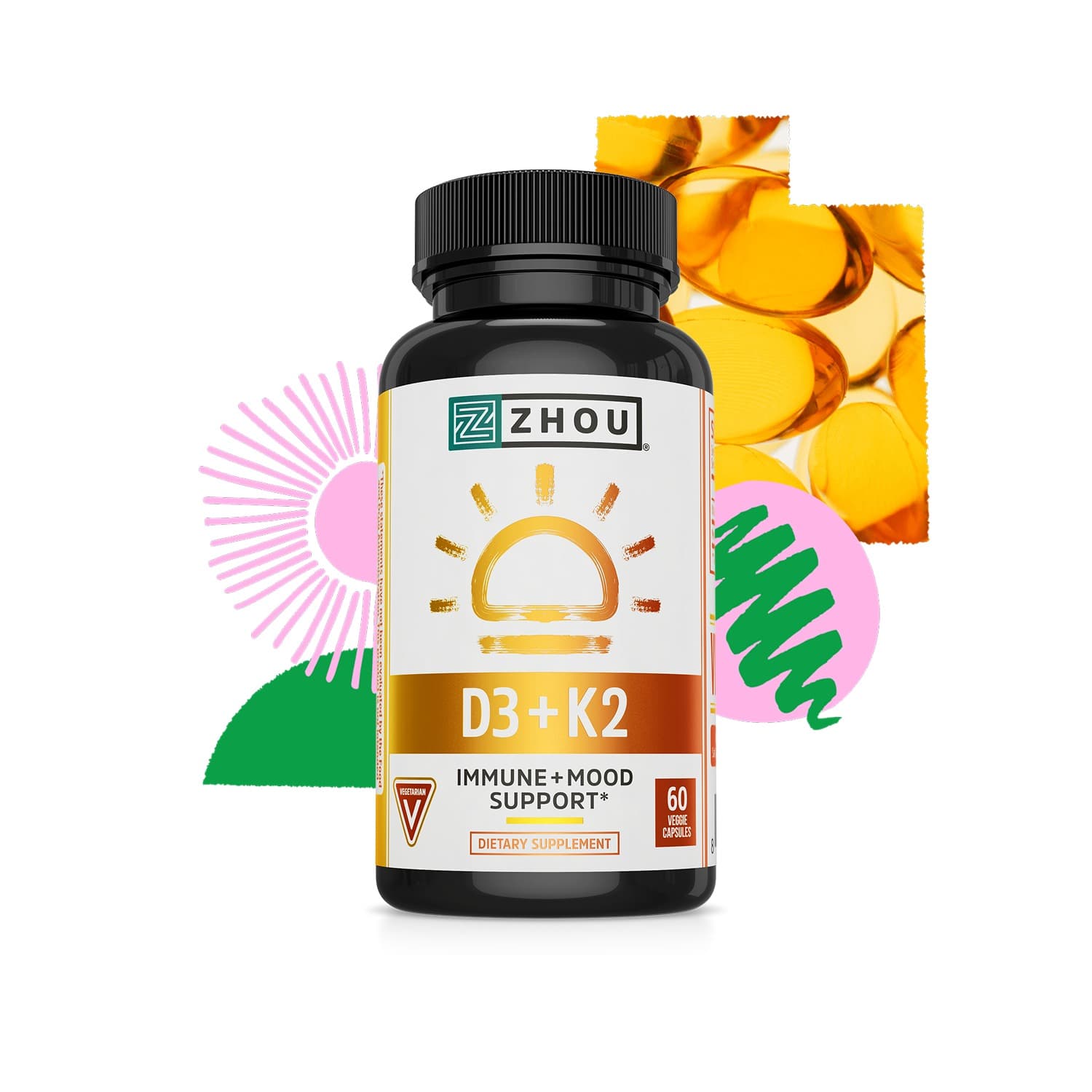 Black Zhou Nutrition D3 + K2 bottle, 60 veggie capsules, front label in white, gold and orange with a sun graphic, decorative shapes behind it on a white background