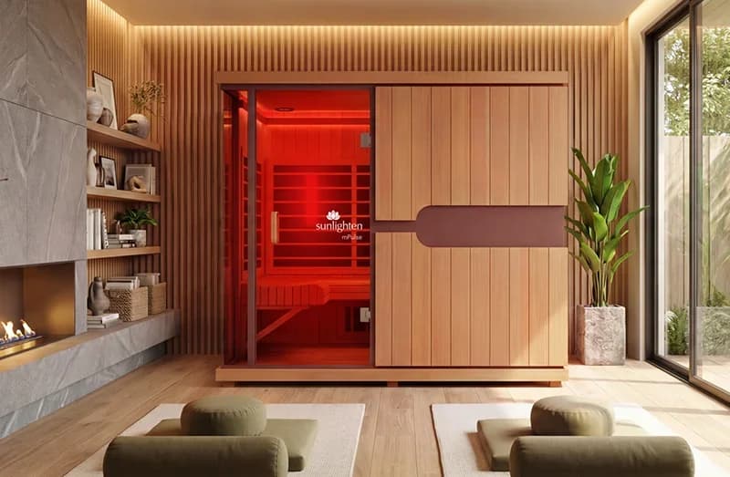 Sunlighten mPulse Empower 5-person flagship infrared sauna with Solocarbon 3-in-1 heaters and smart touchscreen