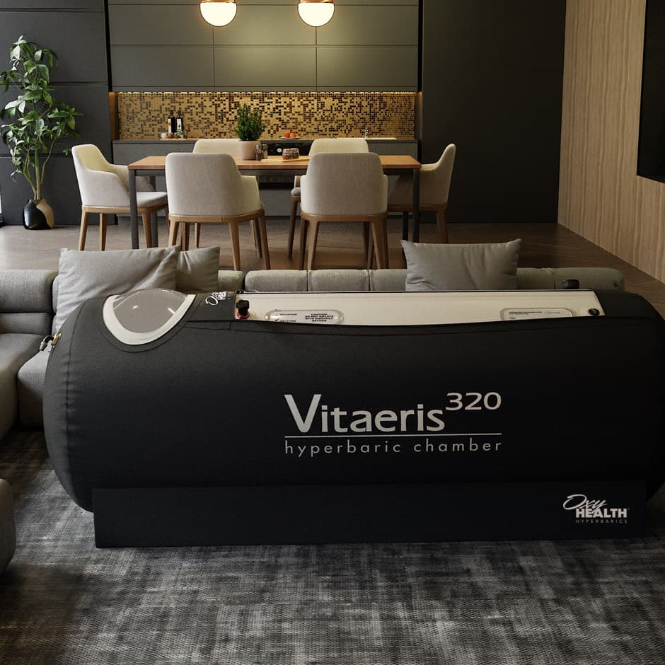 OxyHealth Vitaeris 320 soft-shell hyperbaric chamber in home setting