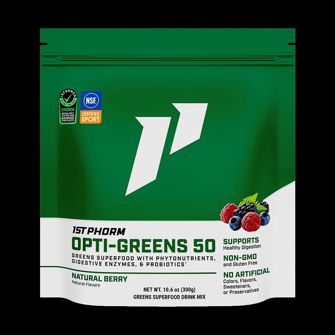 1st Phorm Opti-Greens 50 superfood greens powder tub, natural berry