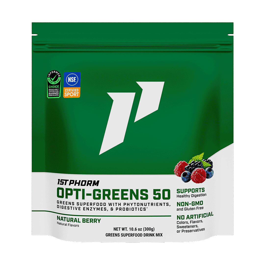 1st Phorm Opti-Greens 50 superfood greens powder tub, natural berry