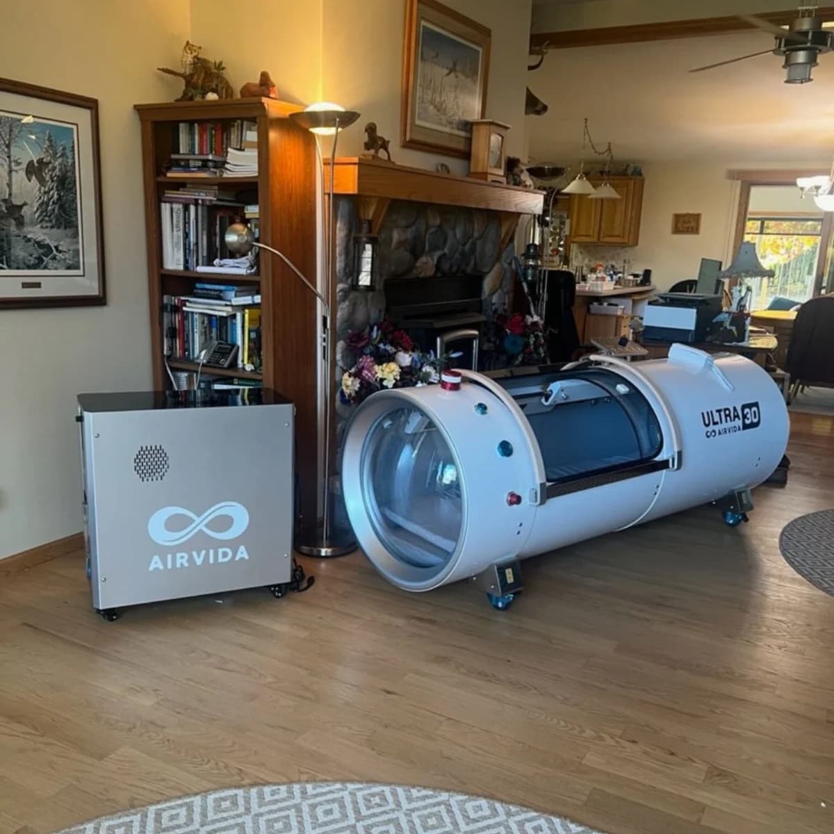 AirVida Ultra hard shell stainless steel lying hyperbaric chamber with two end windows and its all in one operating unit