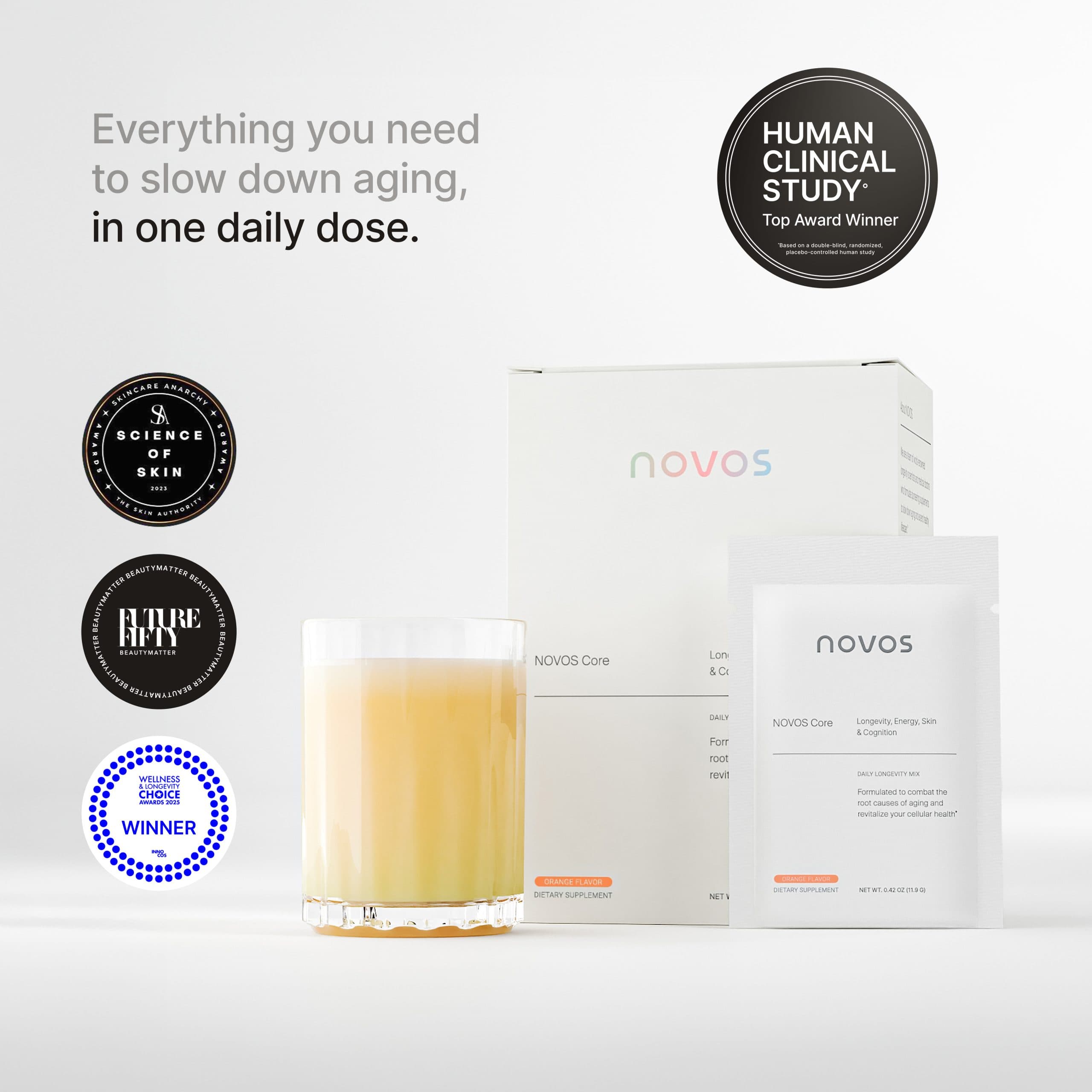 NOVOS Core 12-ingredient daily longevity supplement packet box