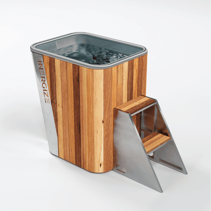 Inergize Spire Elite hybrid cedar wood and 316 stainless steel cold plunge with reclined seat