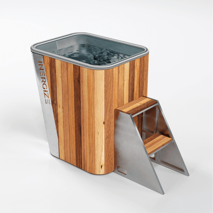 Inergize Spire Apex cedar and stainless steel cold plunge with reclined seat